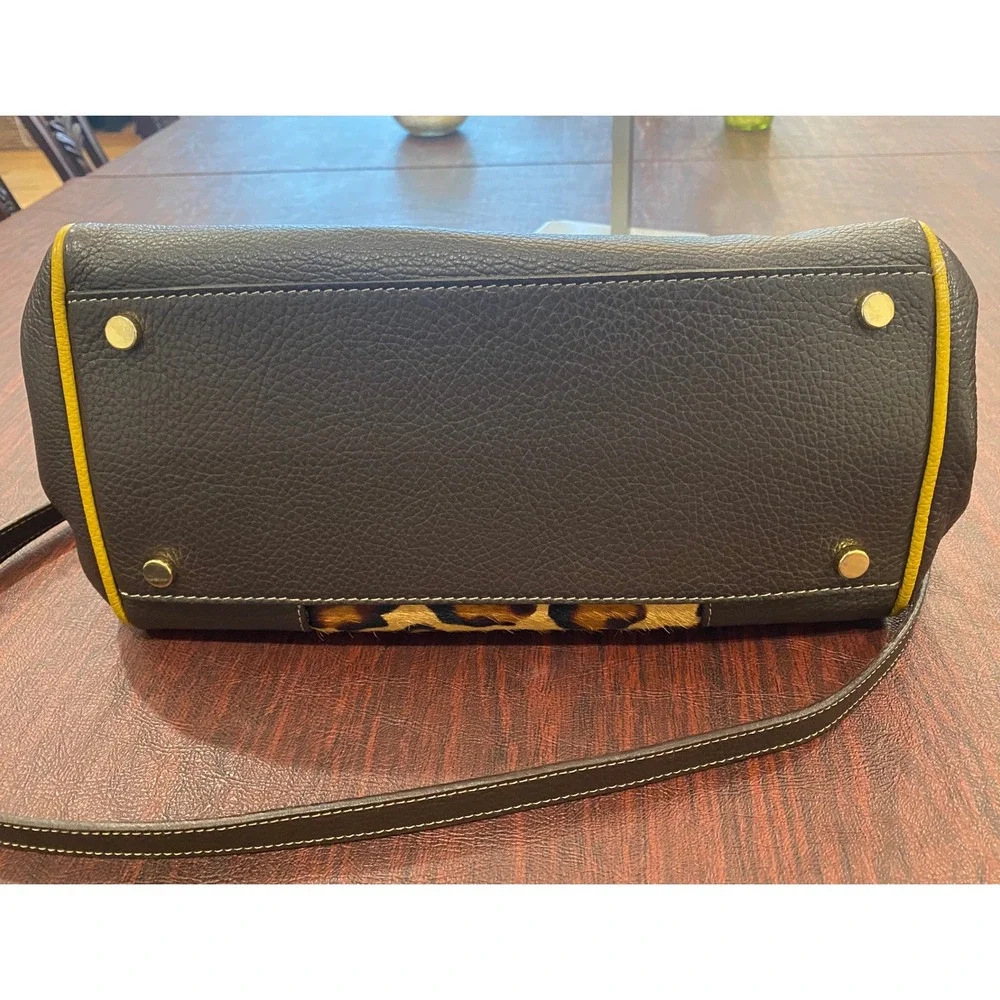 Claudia‎ Firenze Leopard Calf Hair Leather Satchel Bag Yellow Trim Made in Italy